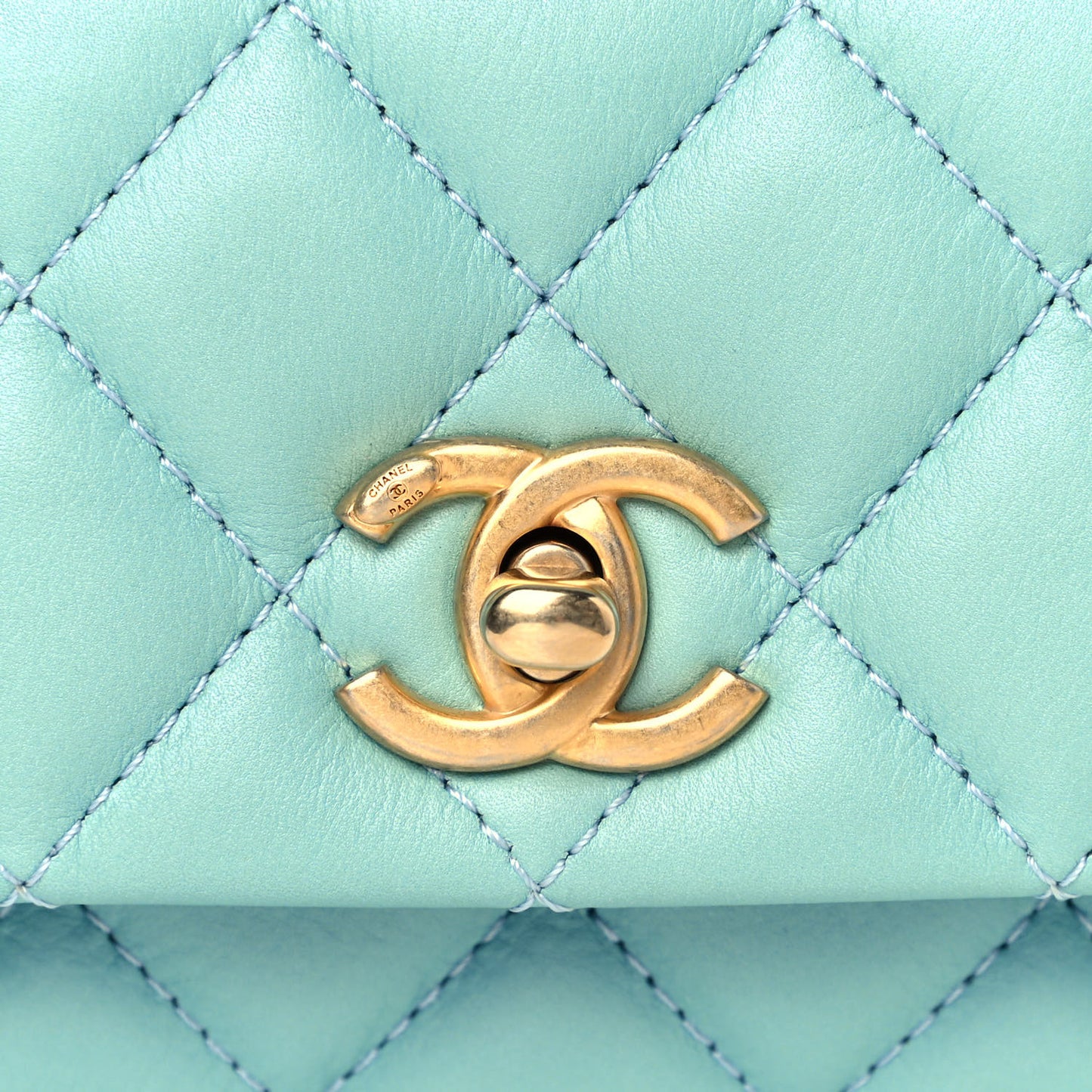 Calfskin Quilted Top Handle Flap Light Blue