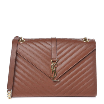 Saint Laurent Grain De Poudre Matelasse Chevron Large Monogram Satchel Brown 1 of 9