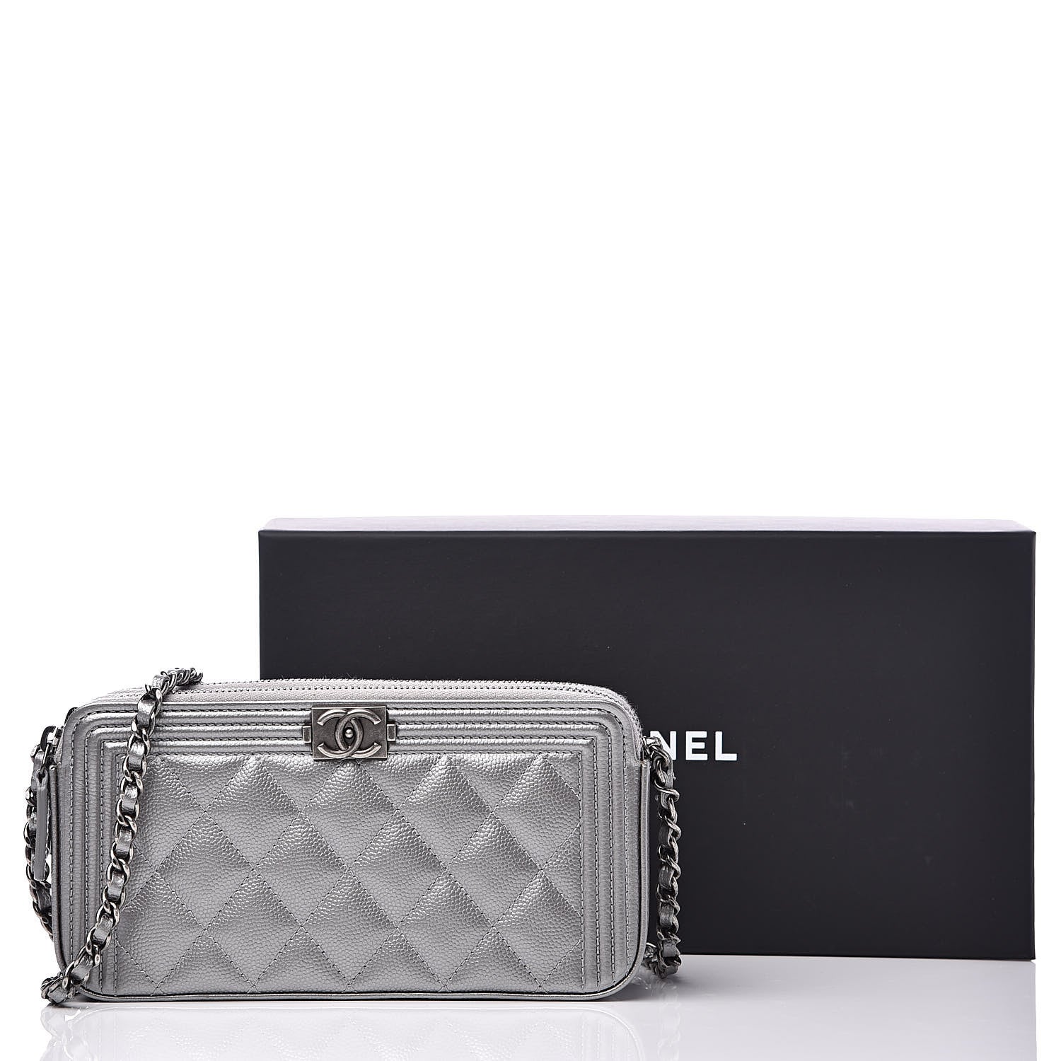 Chanel Metallic Caviar Quilted Small Boy Clutch With Chain Silver 14 of 14