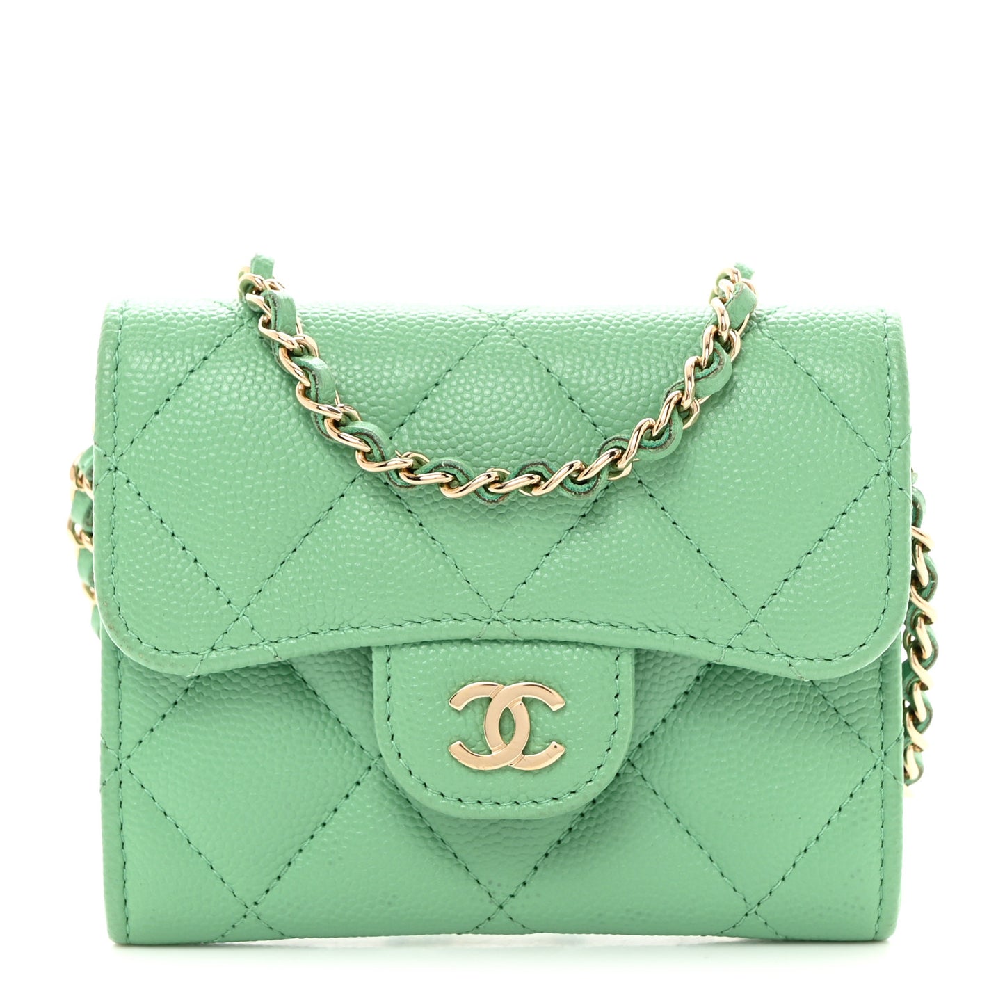 Caviar Quilted Flap Card Holder On Chain Light Green