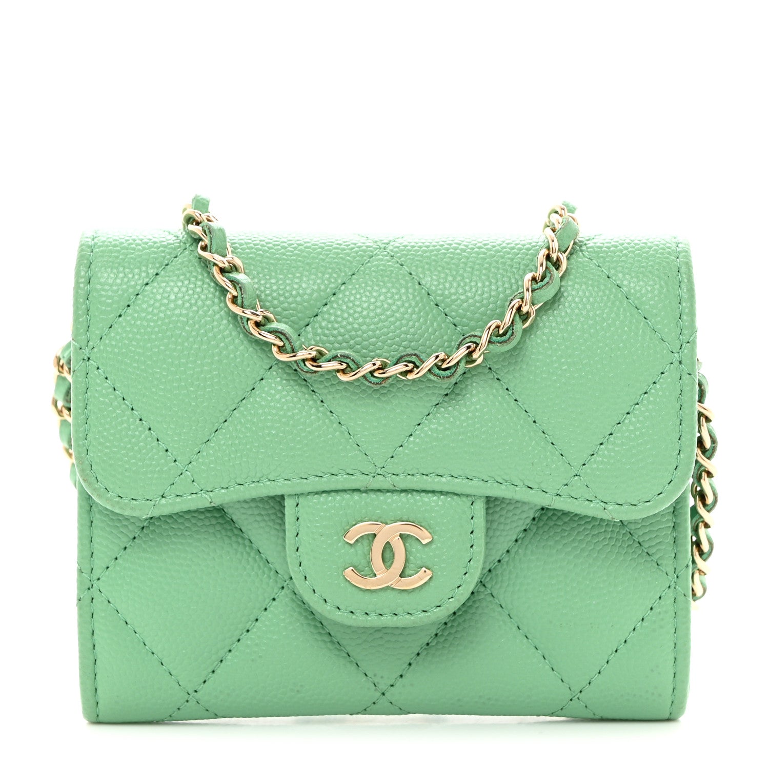 Chanel Caviar Quilted Flap Card Holder On Chain Light Green 1 of 9