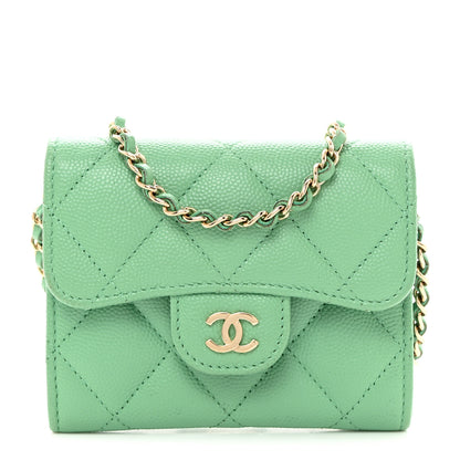 Chanel Caviar Quilted Flap Card Holder On Chain Light Green 1 of 9
