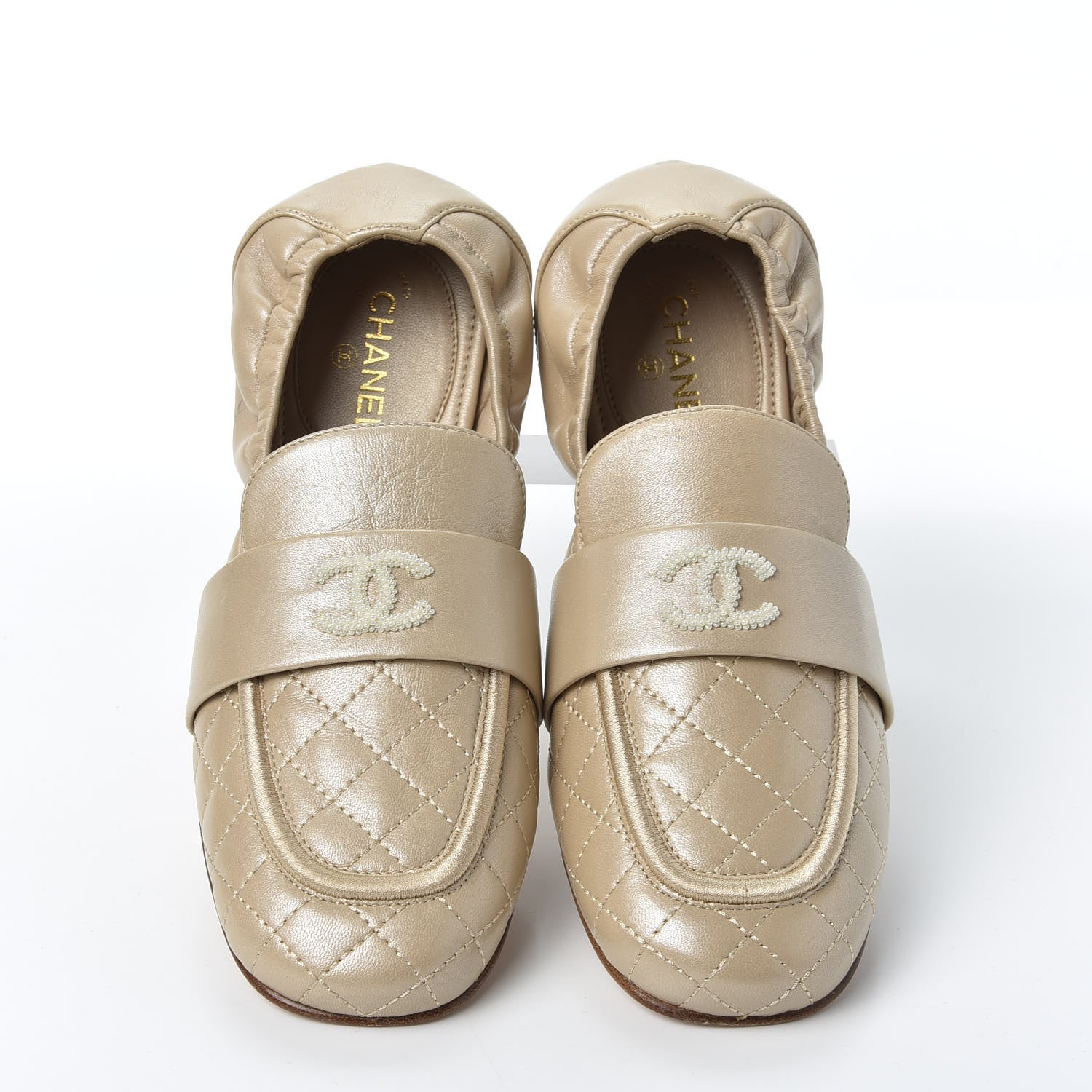 Chanel Laminated Lambskin Womens Quilted Elastic CC Moccasin Loafers 36.5 Beige 5 of 11