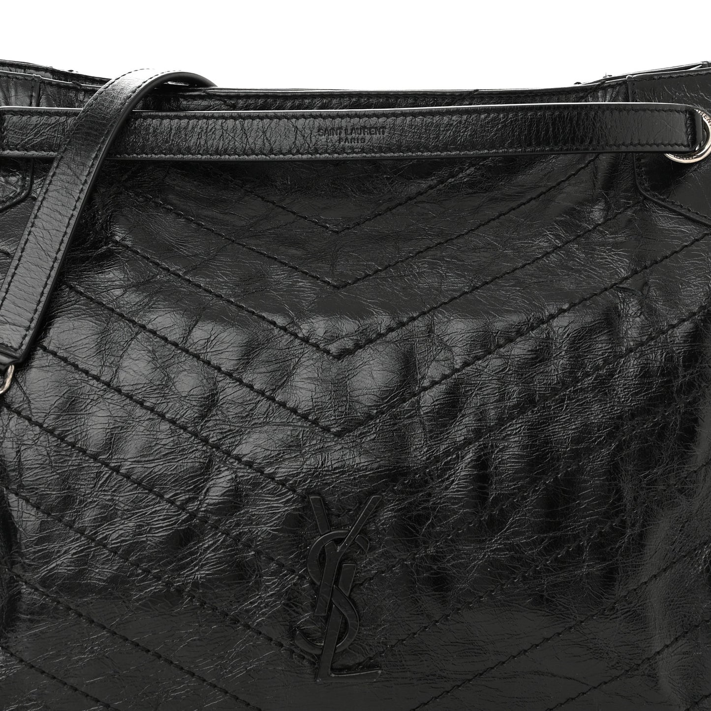 Crinkled Calfskin Matelasse Monogram Medium Niki Shopper Tote Black