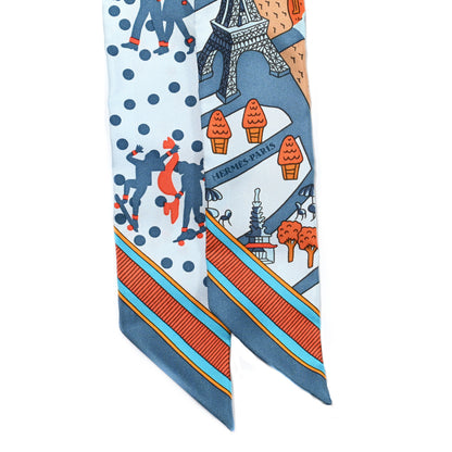 Hermes Silk Les Nouveaux Amoureux de Paris Twilly Ciel Blue Jean Orange 2 of 4