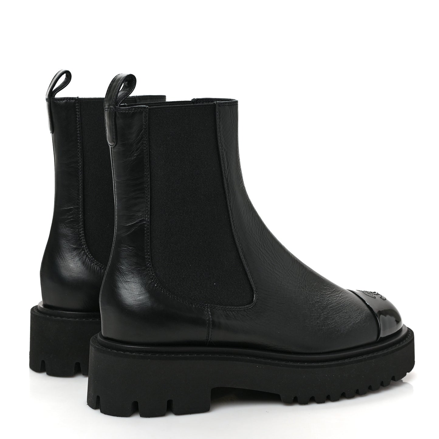 Crumpled Calfskin Patent Cap Toe Short Boots 38 Black