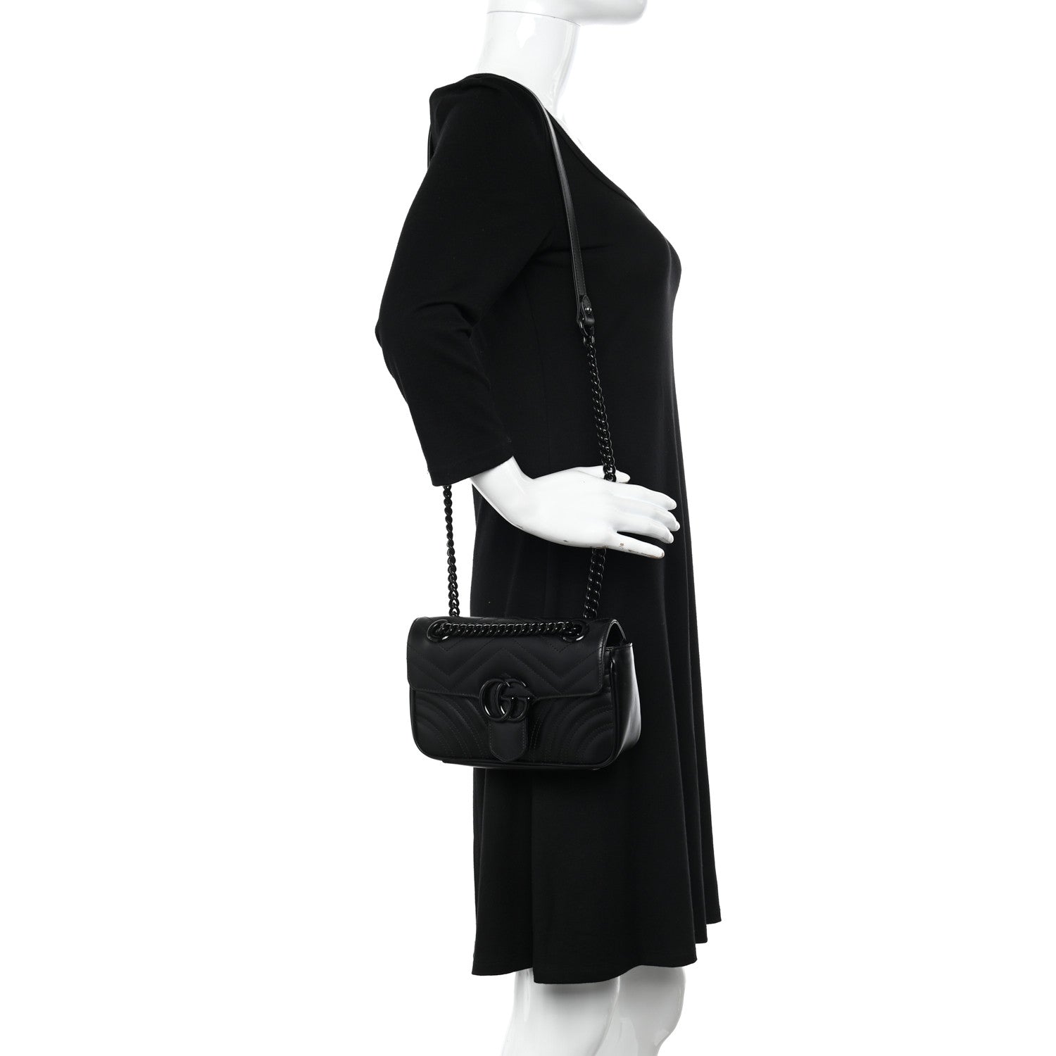 Gucci Calfskin Matelasse Monochrome Mini GG Marmont Shoulder Bag Black 2 of 11
