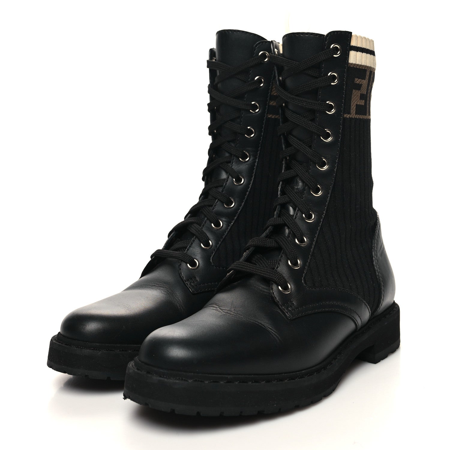 Fendi Calfskin Stretch Fabric Rockoko Biker Boots 37 Tobacco Black Marino 3 of 8