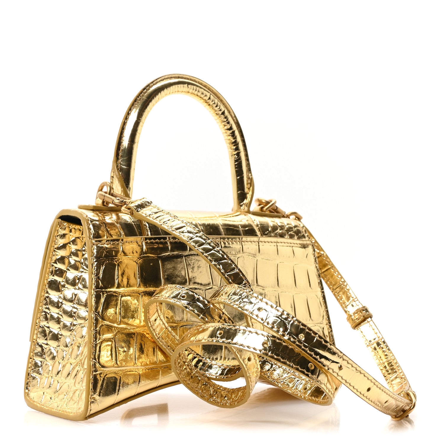 Balenciaga Metallic Calfskin Crocodile Embossed Hourglass Top Handle Bag XS Gold 3 of 9
