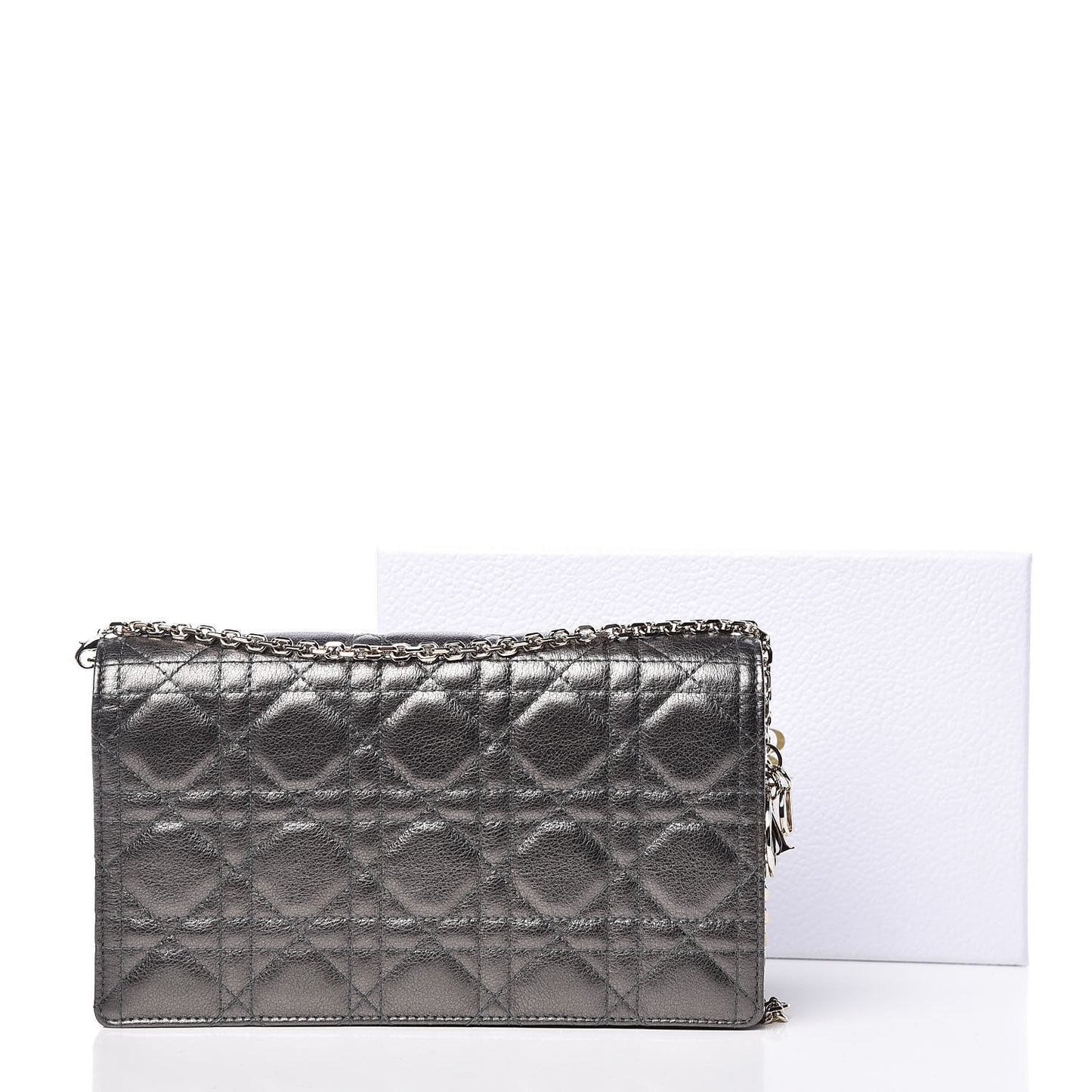 Metallic Calfskin Cannage Lady Dior Convertible Clutch Gunmetal