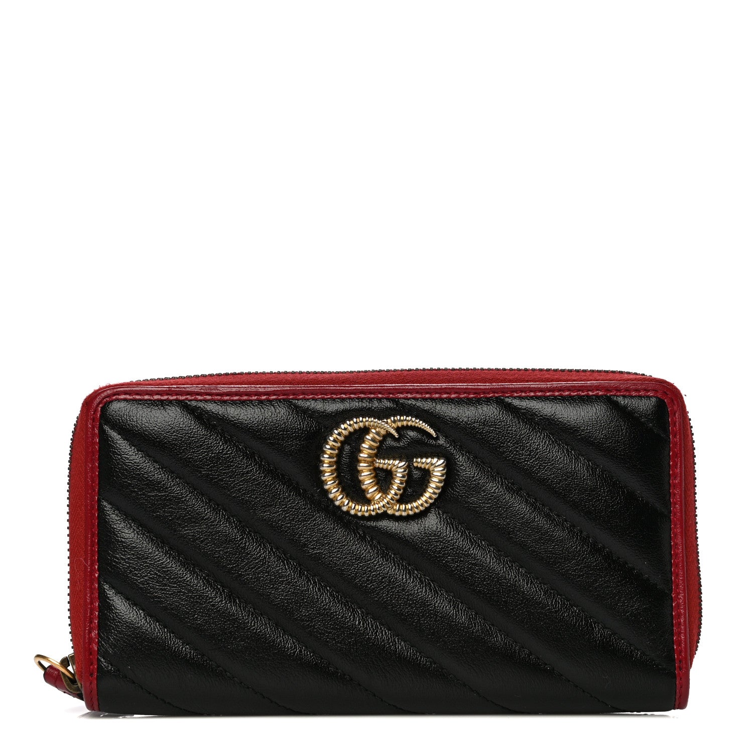 Gucci Vintage Effect Calfskin Matelasse Diagonal Torchon GG Marmont Zip Around Wallet Black Romantic Cherry 1 of 12
