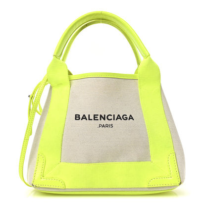 Balenciaga Cotton Canvas Satin Calfskin Navy Cabas XS Natural Fluo Yellow 1 of 12