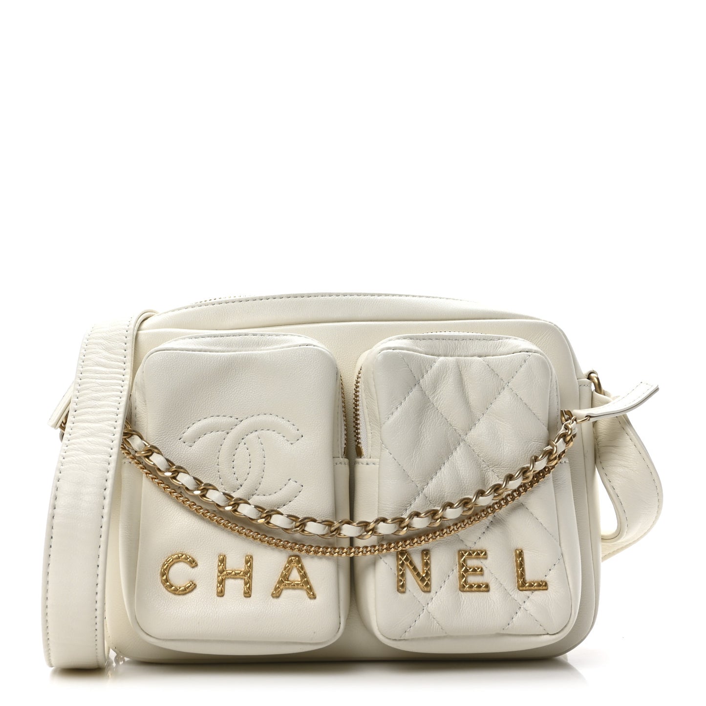 Calfskin Quilted Small Camera Case White