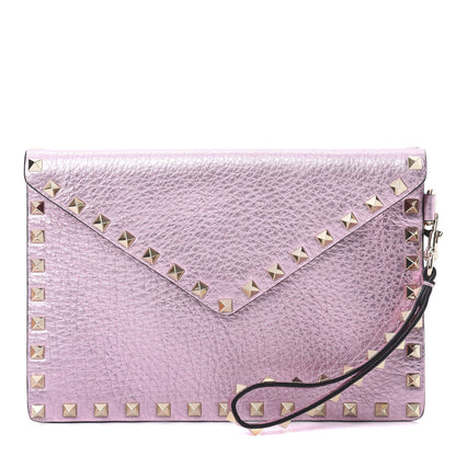 Valentino Garavani Metallic Pebbled Calfskin Medium Rockstud Envelope Flat Wristlet Pouch Giacinto 1 of 7