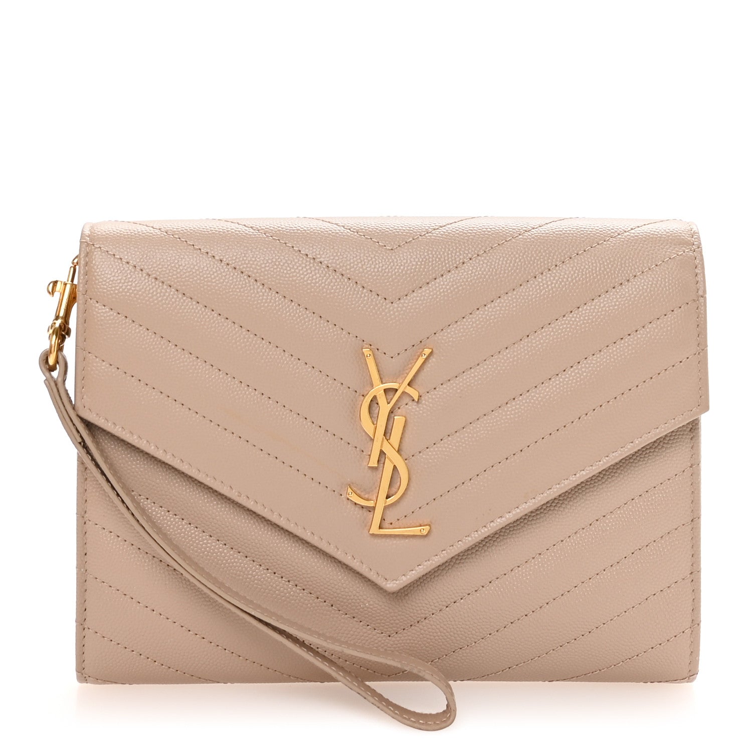 Saint Laurent Grain De Poudre Matelasse Chevron Monogram Envelope Clutch Dark Beige 1 of 8