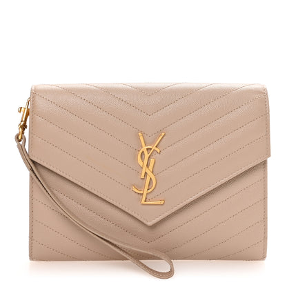 Saint Laurent Grain De Poudre Matelasse Chevron Monogram Envelope Clutch Dark Beige 1 of 8