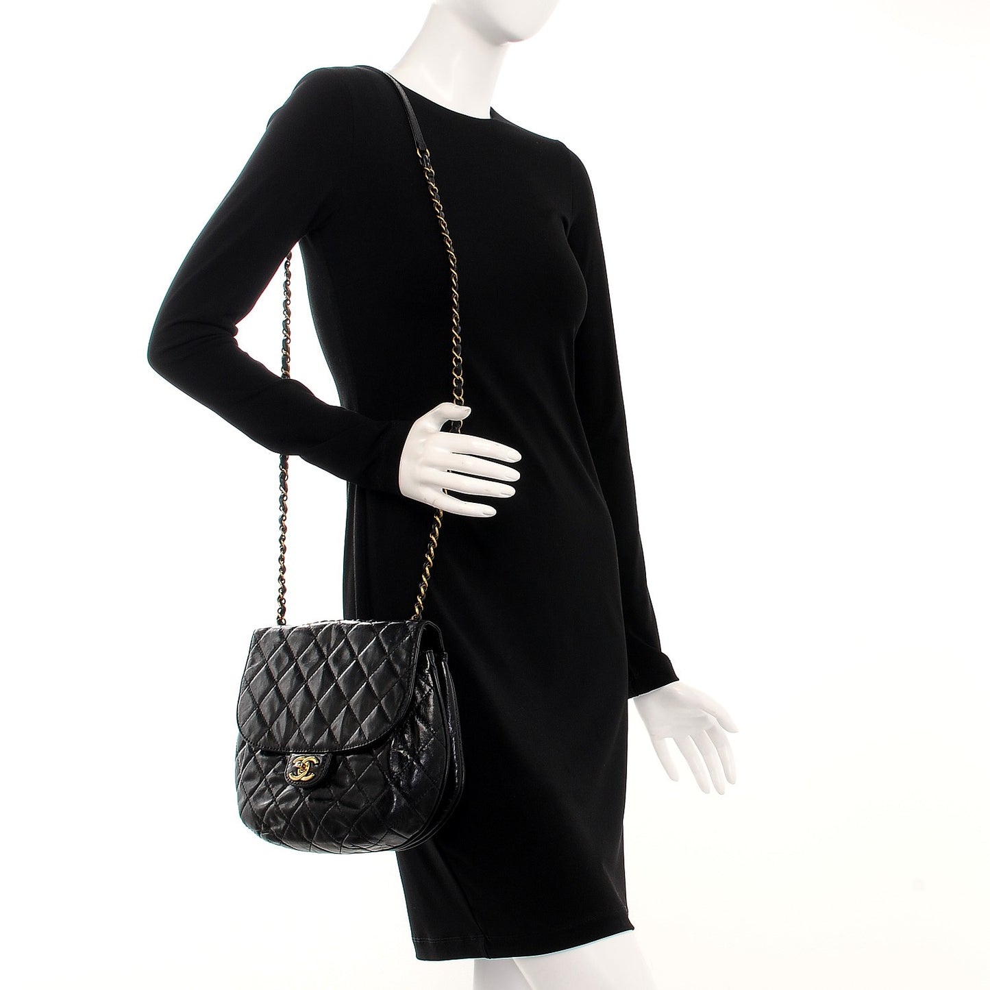 Glazed Calfskin Quilted Medium Bubble CC Flap Black