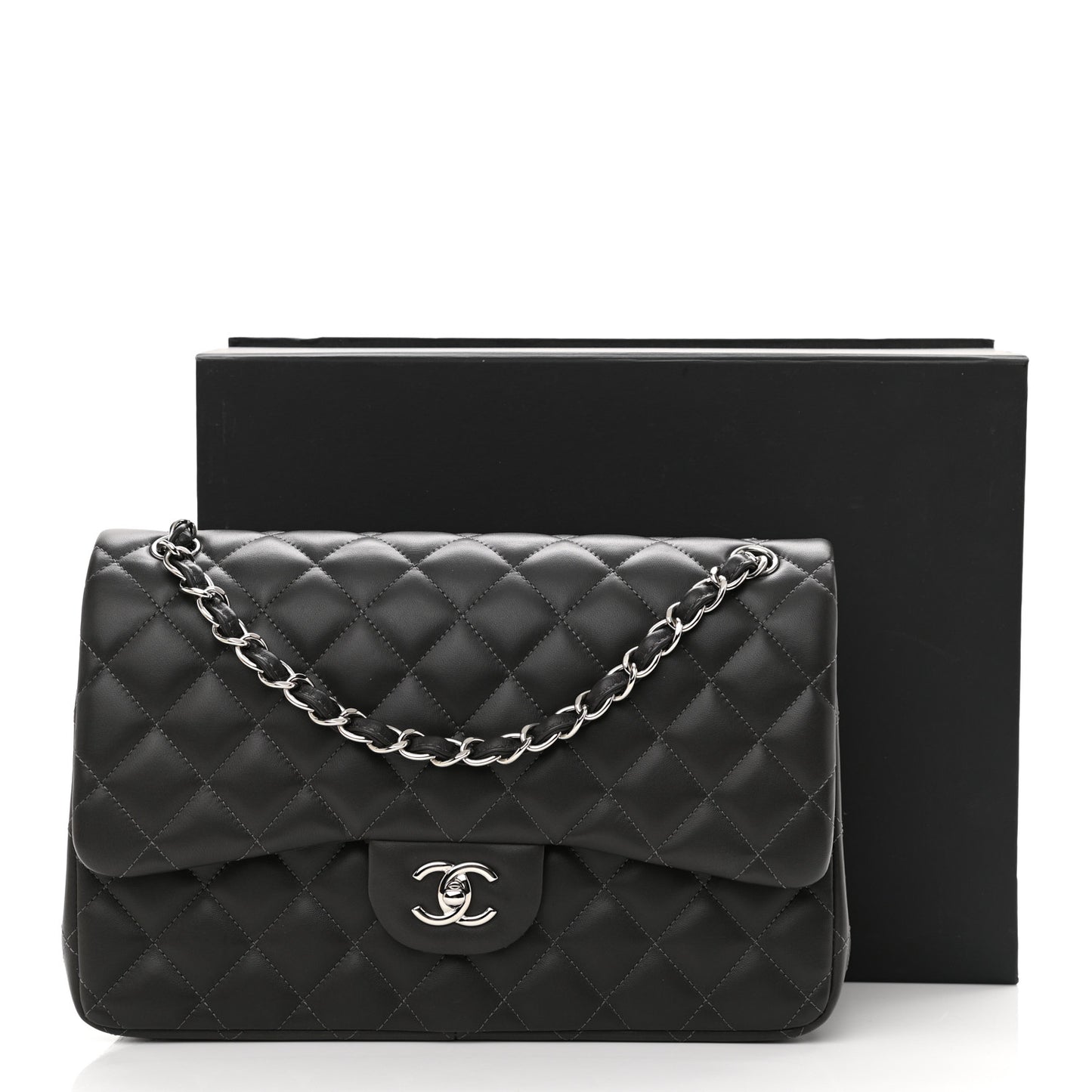 Lambskin Quilted Jumbo Double Flap Dark Grey