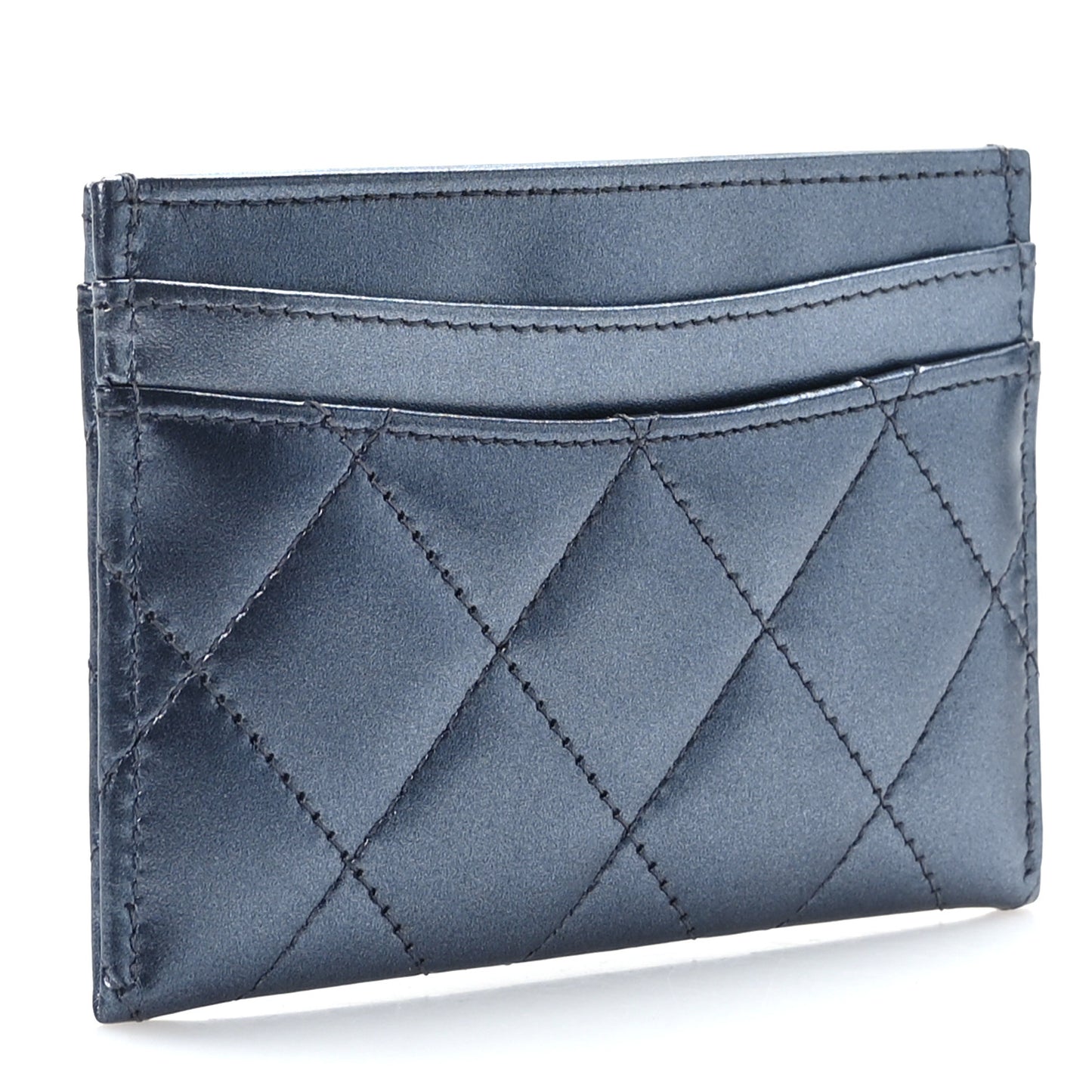 Metallic Lambskin Quilted Card Holder Dark Blue