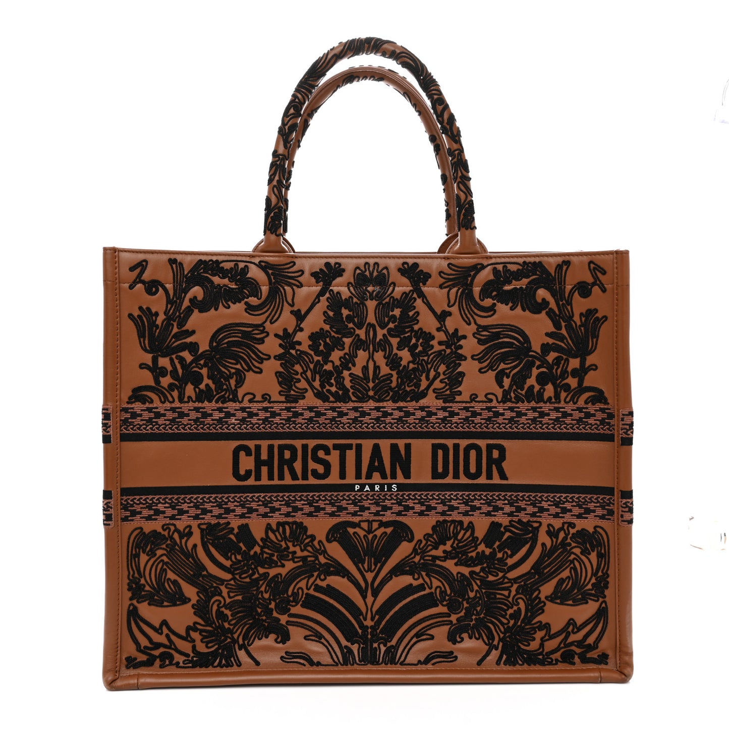 Calfskin Cornely-Effect Embroidery Large Book Tote Brown Black
