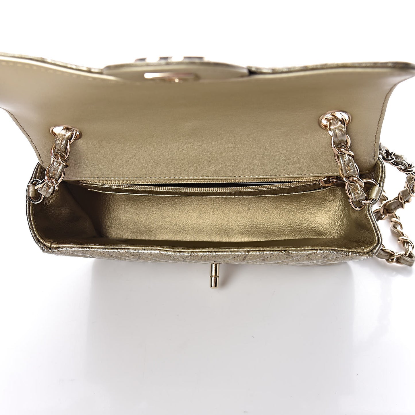 Patent Metallic Crumpled Calfskin Chevron Quilted Mini Rectangular Flap Gold