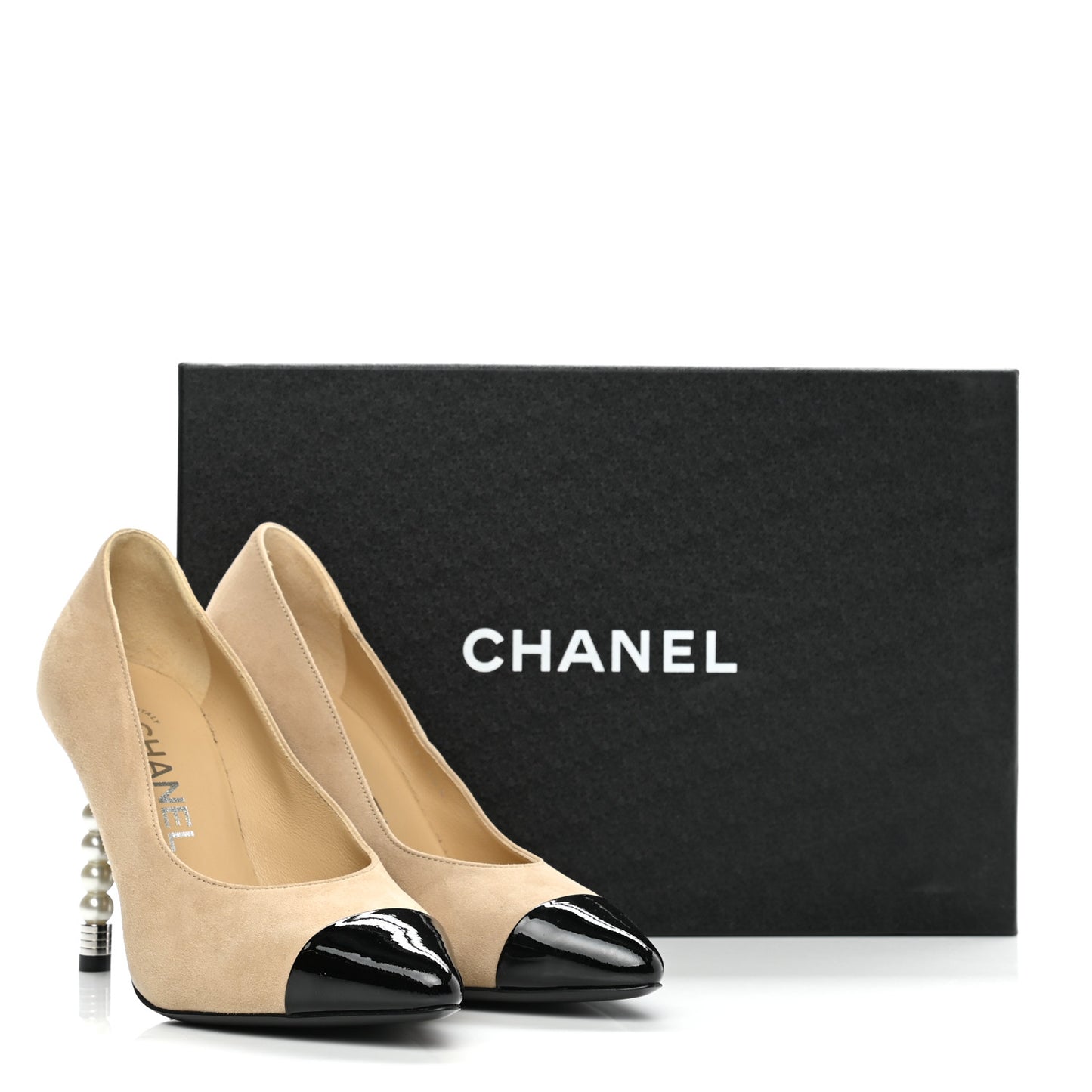 Suede Patent Calfskin Cap Toe Pearl Pumps 35 Beige Black