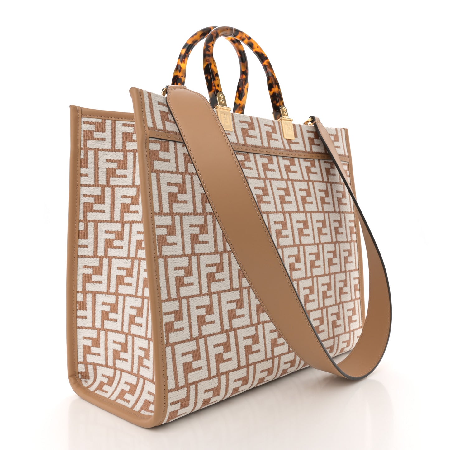 Woven Fabric Calfskin FF Medium Fendi Sunshine Shopper Tote Natural White Dark Honey