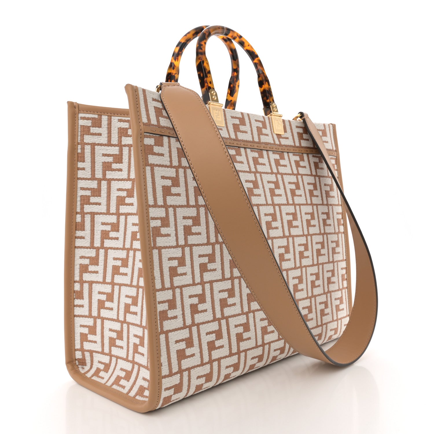 Fendi Woven Fabric Calfskin FF Medium Fendi Sunshine Shopper Tote Natural White Dark Honey 3 of 11