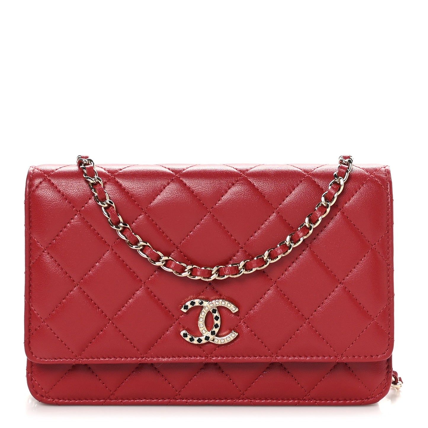 Lambskin Quilted Crystal Pearl CC Wallet On Chain WOC Burgundy