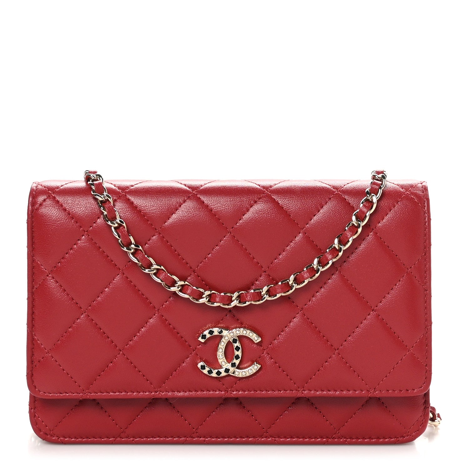 Chanel Lambskin Quilted Crystal Pearl CC Wallet On Chain WOC Burgundy 1 of 11