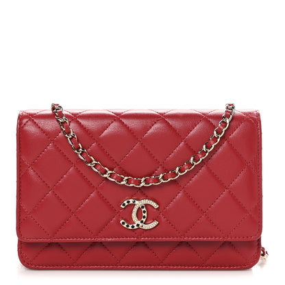 Chanel Lambskin Quilted Crystal Pearl CC Wallet On Chain WOC Burgundy 1 of 11