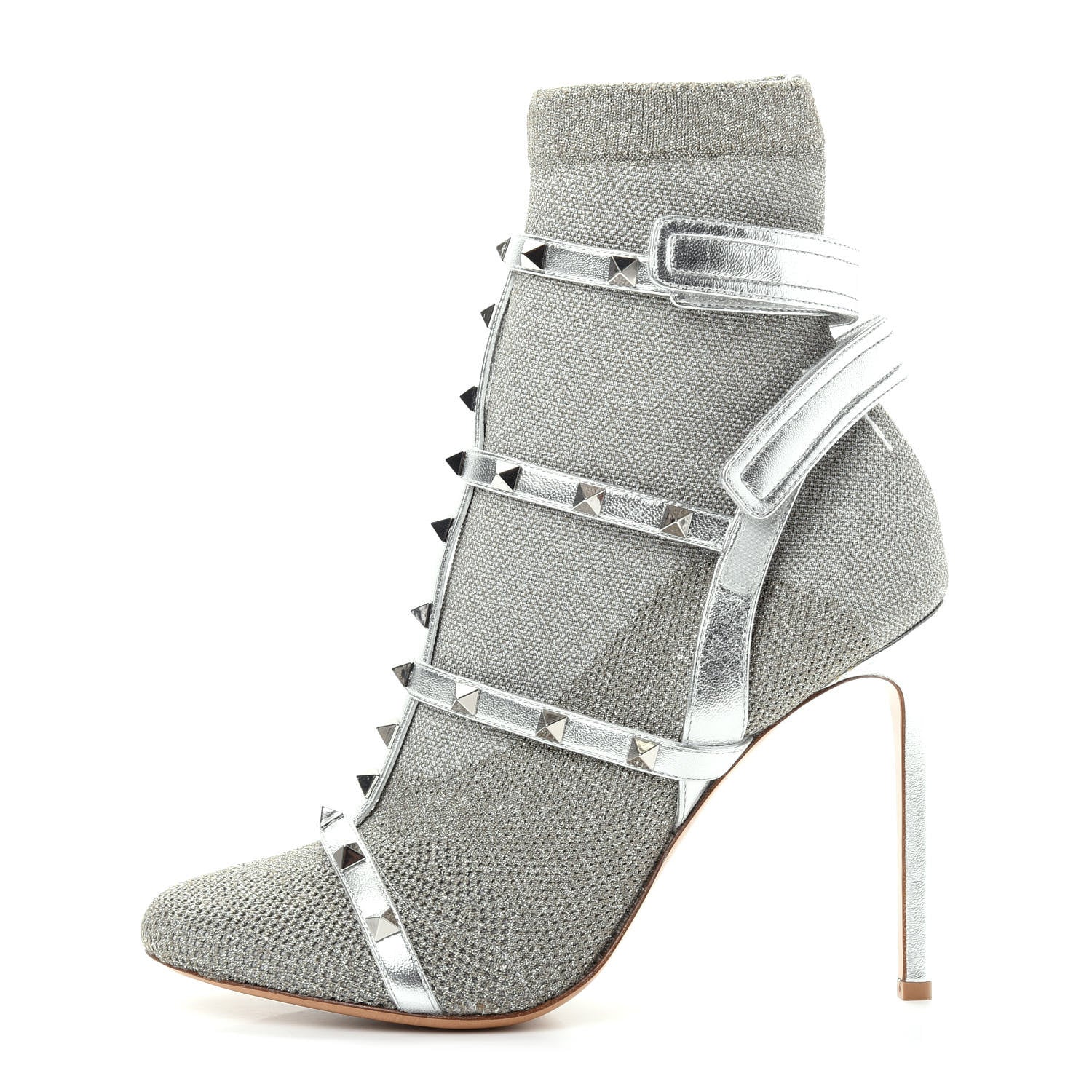 Valentino Garavani Metallic Nappa Knit Rockstud Bodytech Sock Booties 40 Silver 1 of 9