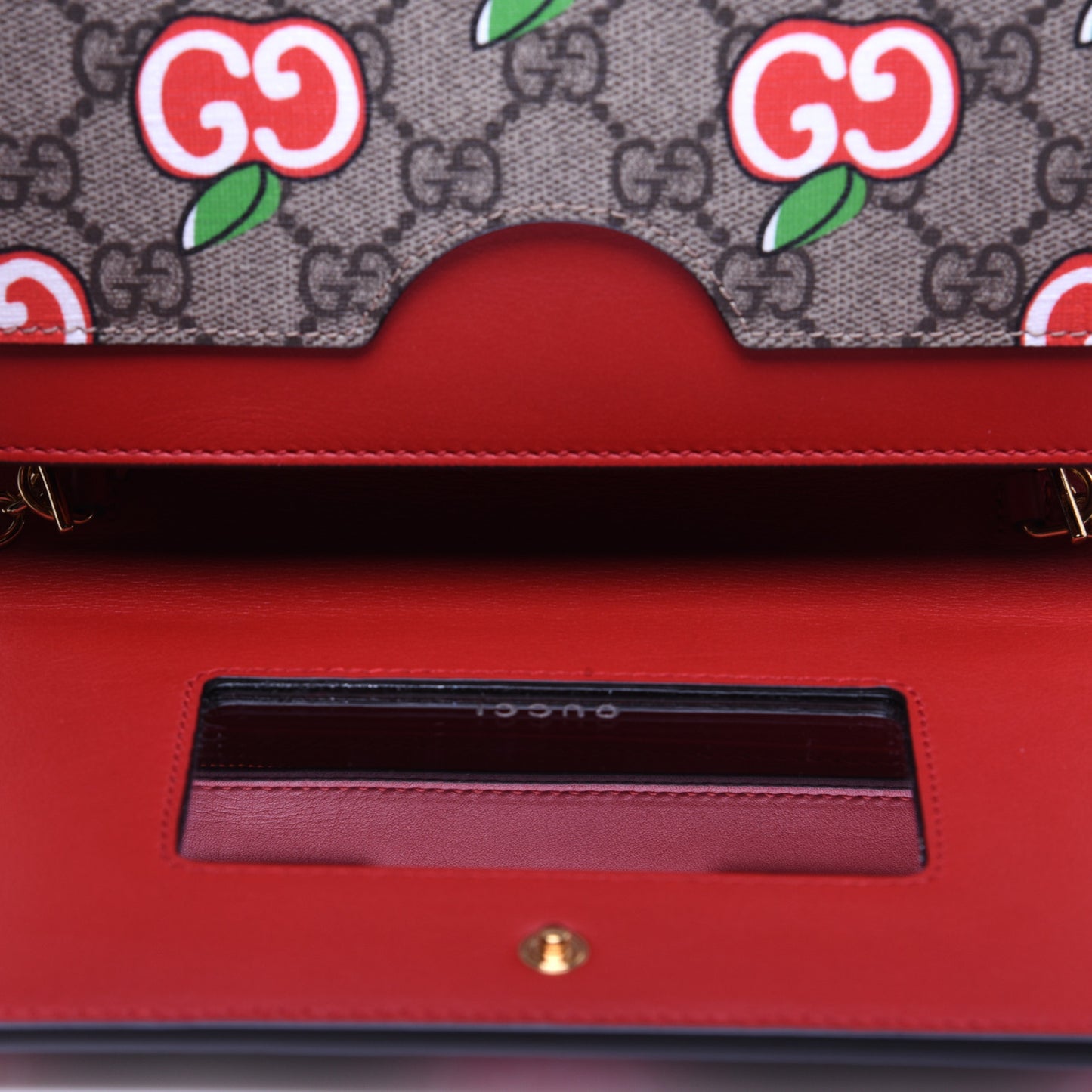 GG Supreme Monogram Apple Chain Wallet Beige Multicolor Lobster Red