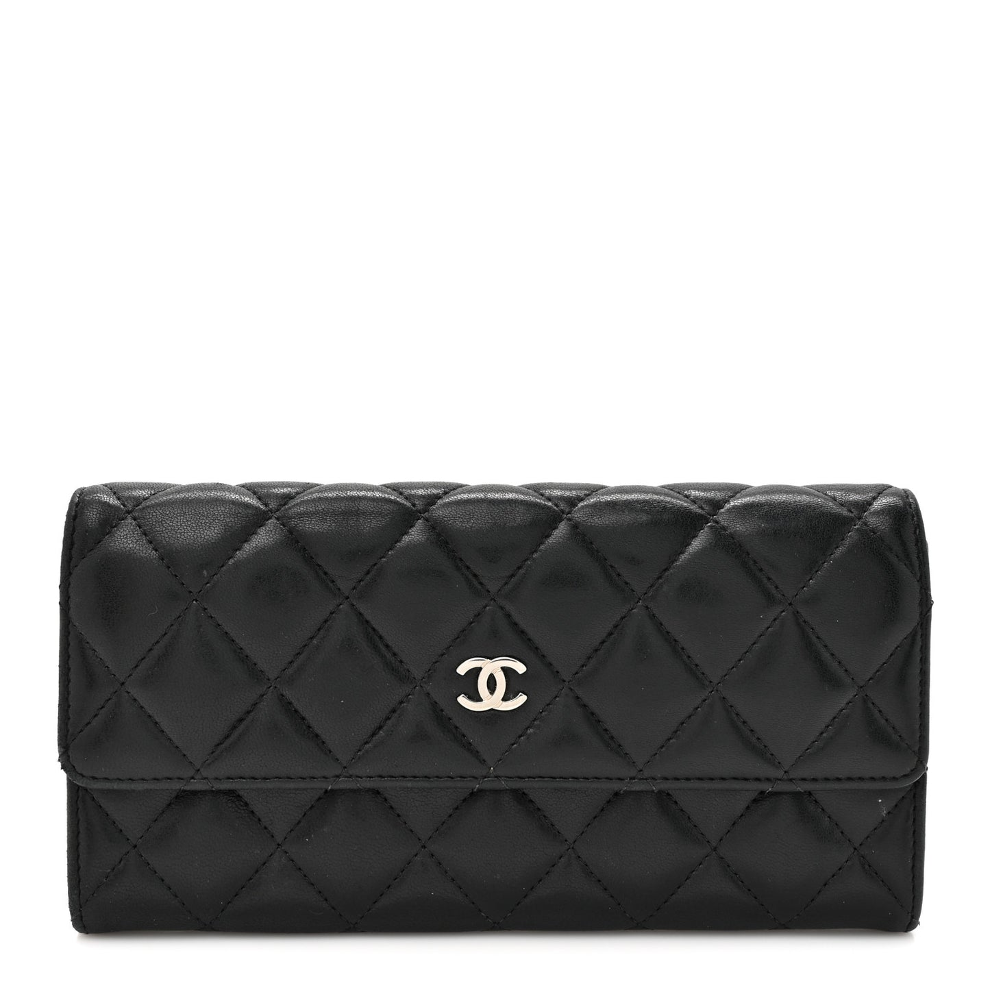 Lambskin Quilted Large Gusset Flap Wallet Black