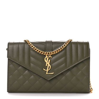 Saint Laurent Grain De Poudre Mixed Matelasse Triquilt Monogram Chain Wallet Kaki 1 of 11