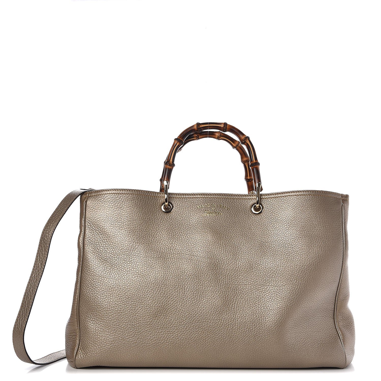 Gucci Metallic Pebbled Calfskin Large Bamboo Shopper Tote Golden Beige 1 of 11