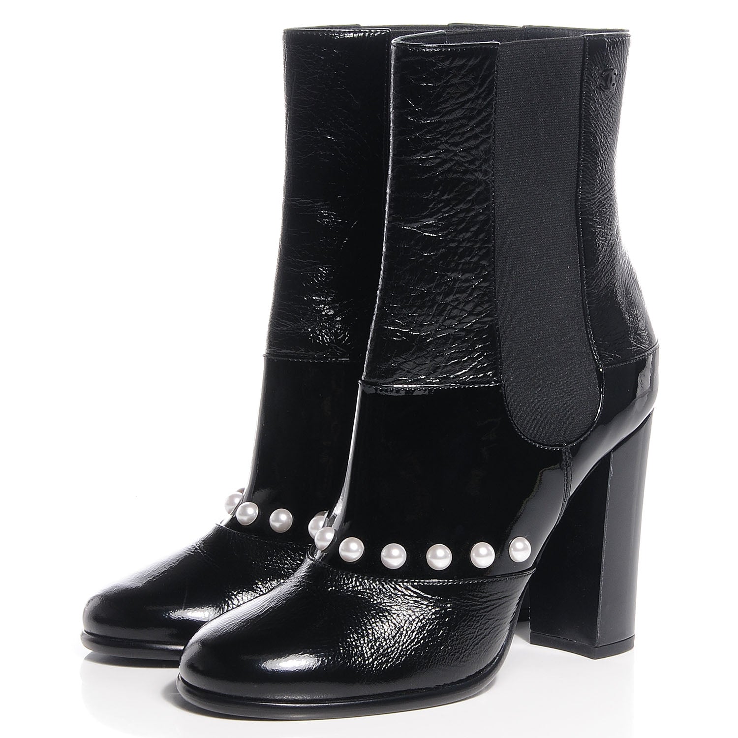Chanel Patent Leather Pearl Elastic Boots 39 Black 3 of 7