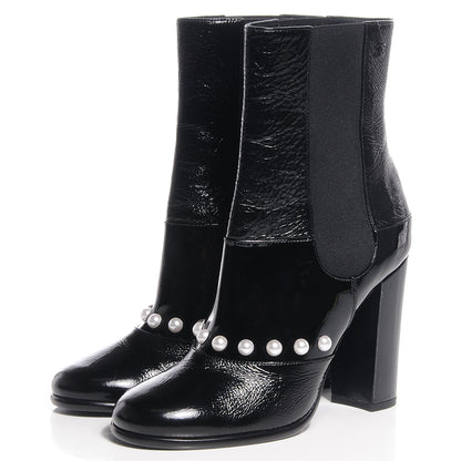 Chanel Patent Leather Pearl Elastic Boots 39 Black 3 of 7
