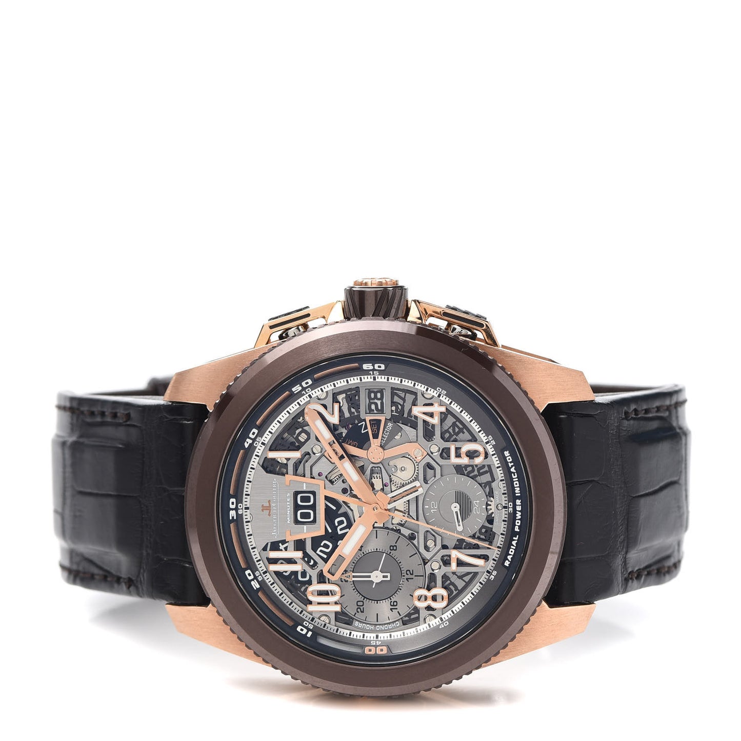18K Rose Gold Alligator 46mm Master Compressor Skeleton Chronograph Automatic Watch Brown Q203S540