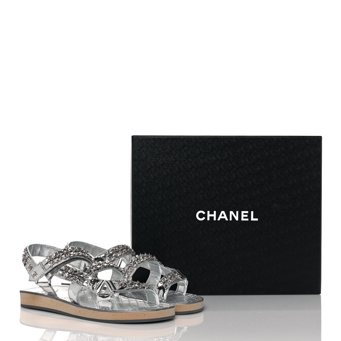 Metallic Laminated Goatskin Chain Flat Sandals 39 Silver