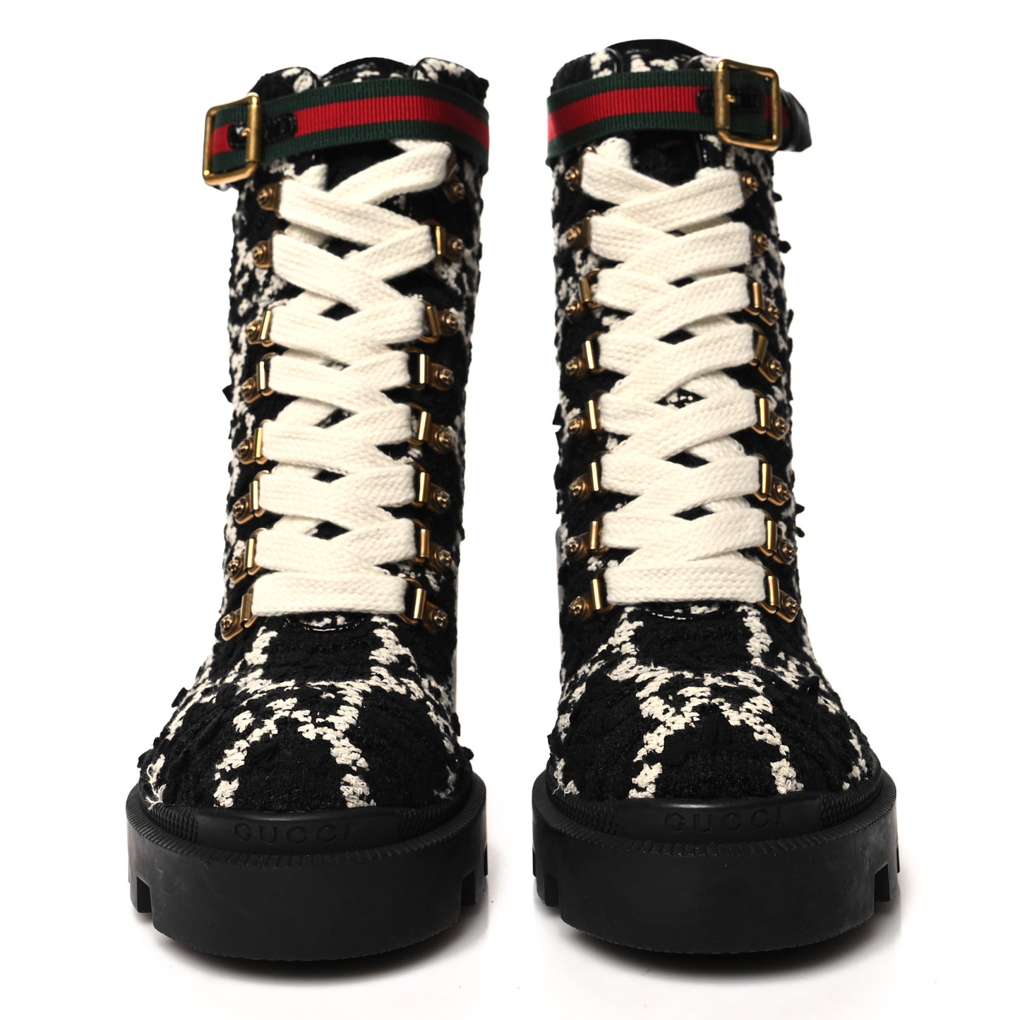 Tweed GG Monogram Lace Up Combat Ankle Boots 36.5 Black