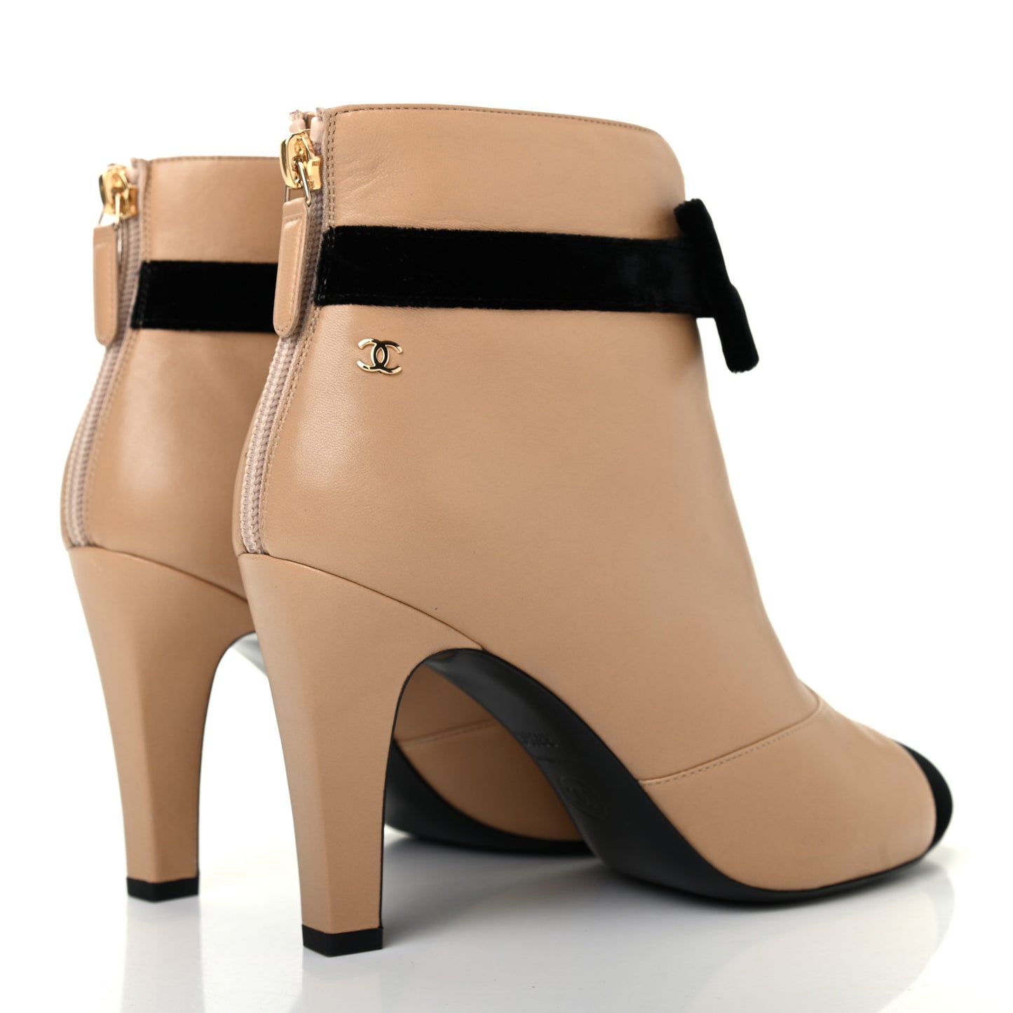 Lambskin Velvet CC Bow Cap Toe Short Boots 38.5 Beige Black