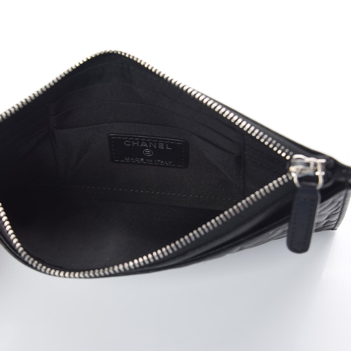 Goatskin Camellia Embossed Zip Pouch Black