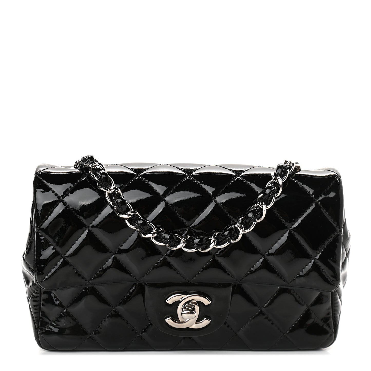 Patent Calfskin Quilted Mini Rectangular Flap Black
