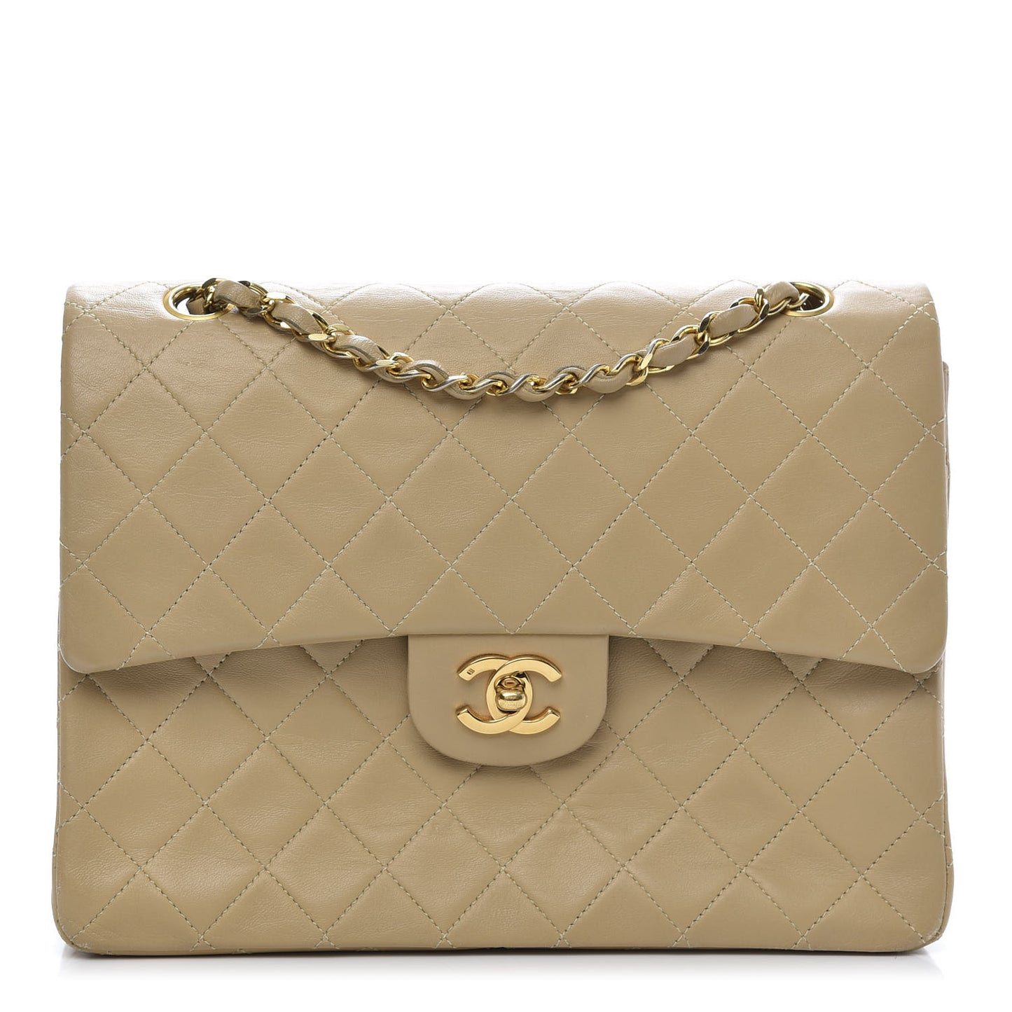Lambskin Quilted Medium Double Flap Beige
