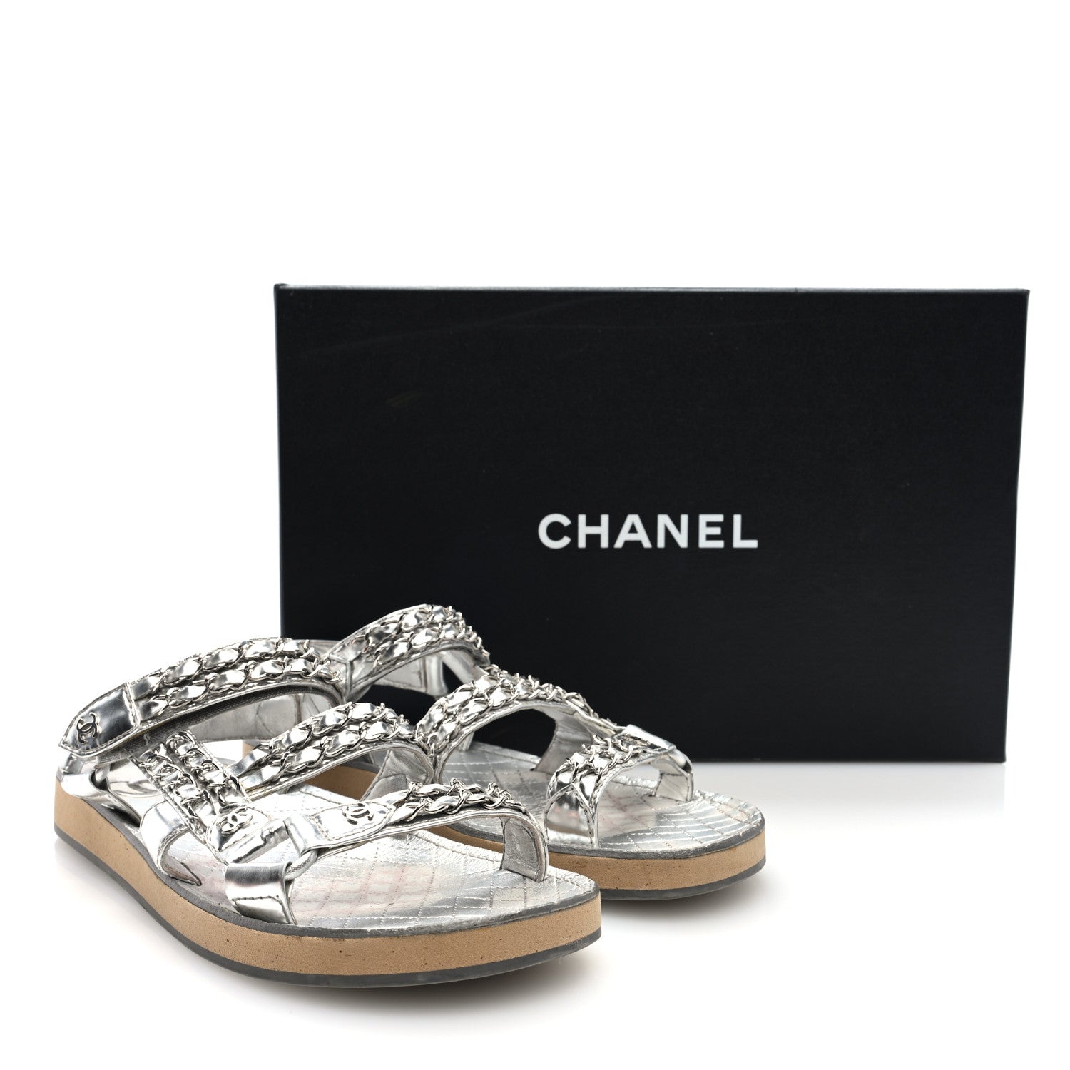 Chanel Metallic Laminated Goatskin Chain Flat Sandals 39 Silver