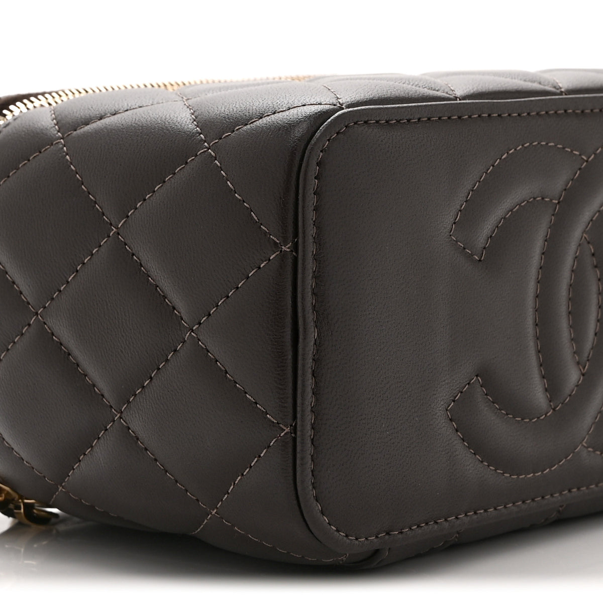 Lambskin Quilted Small Top Handle Vanity Case With Chain Dark Brown