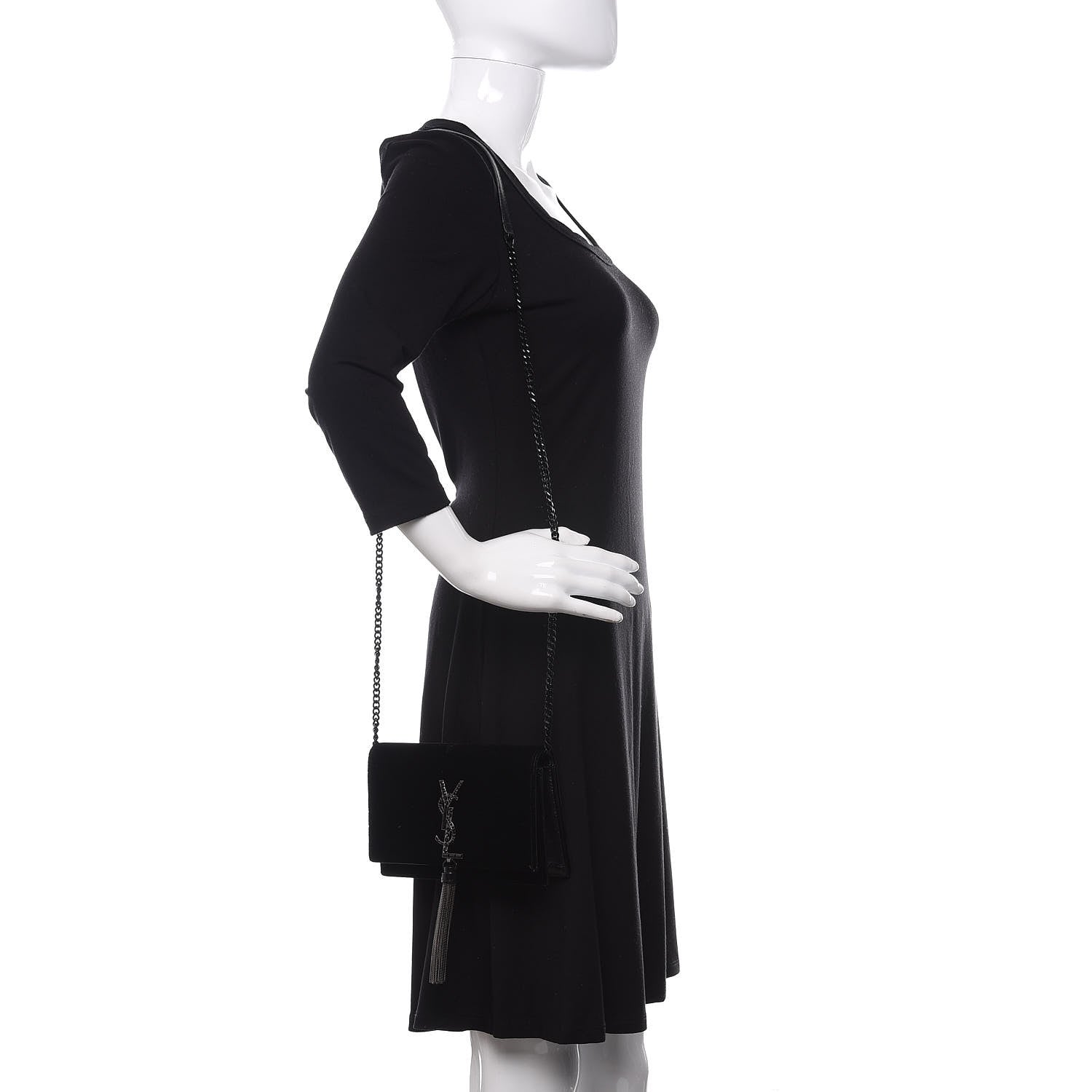 Saint Laurent Velvet Crystal Monogram Kate Tassel Shoulder Bag Black 2 of 12