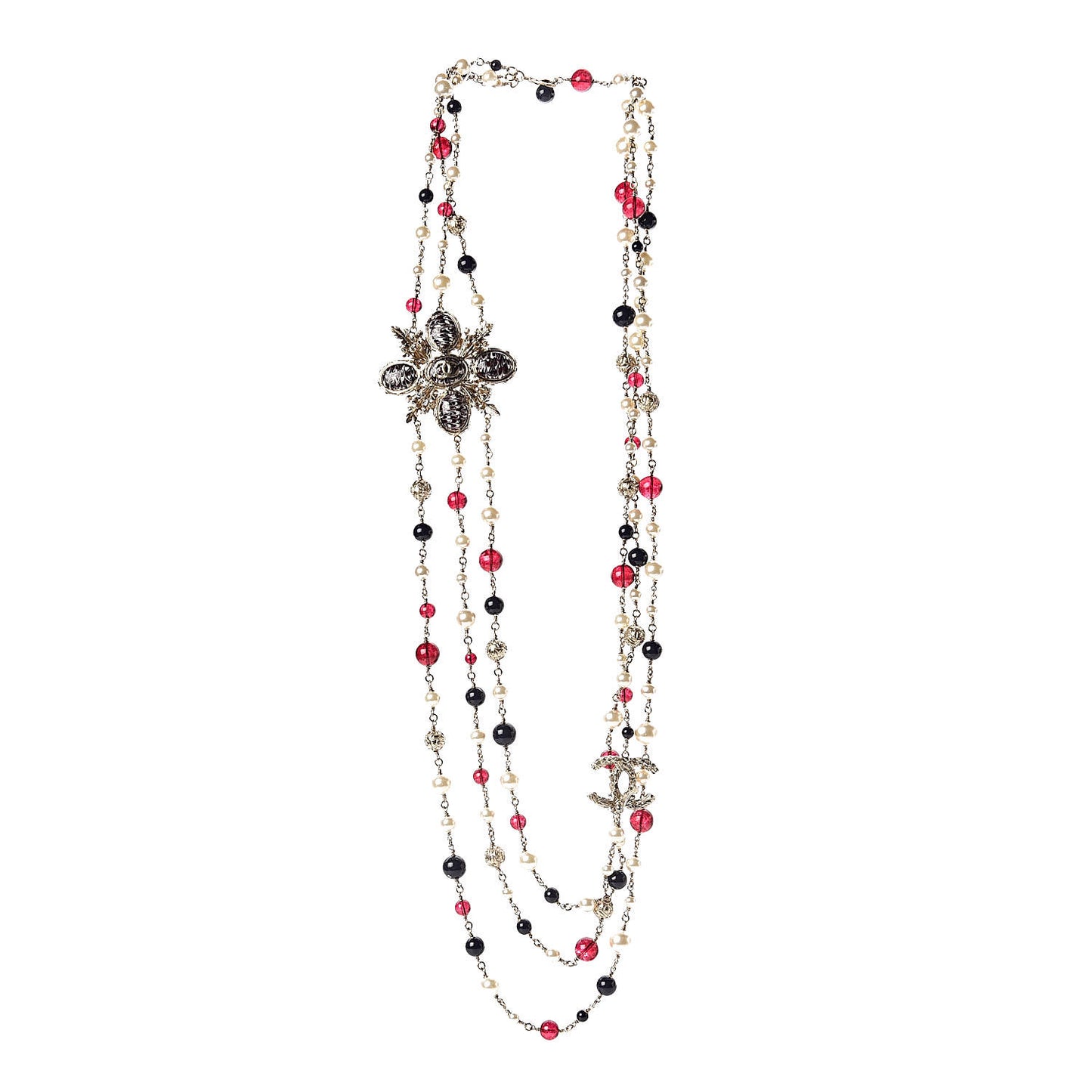 Pearl Bead Crystal CC Long Necklace Gold Red
