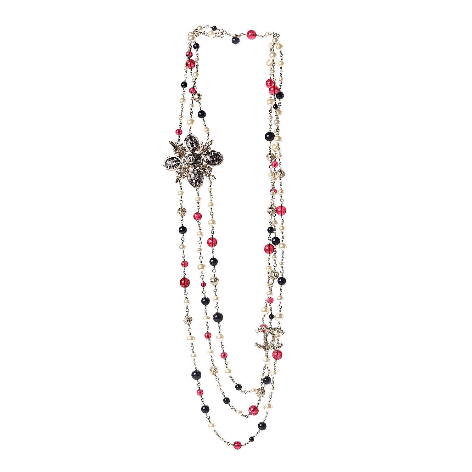 Chanel Pearl Bead Crystal CC Long Necklace Gold Red 3 of 6